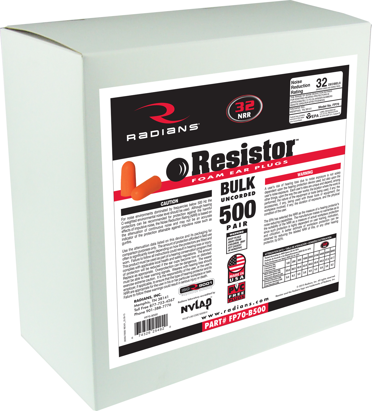 Resistor® 32 Foam Uncorded Earplug Dispenser Refill - 500 Pair - Uncorded Earplugs